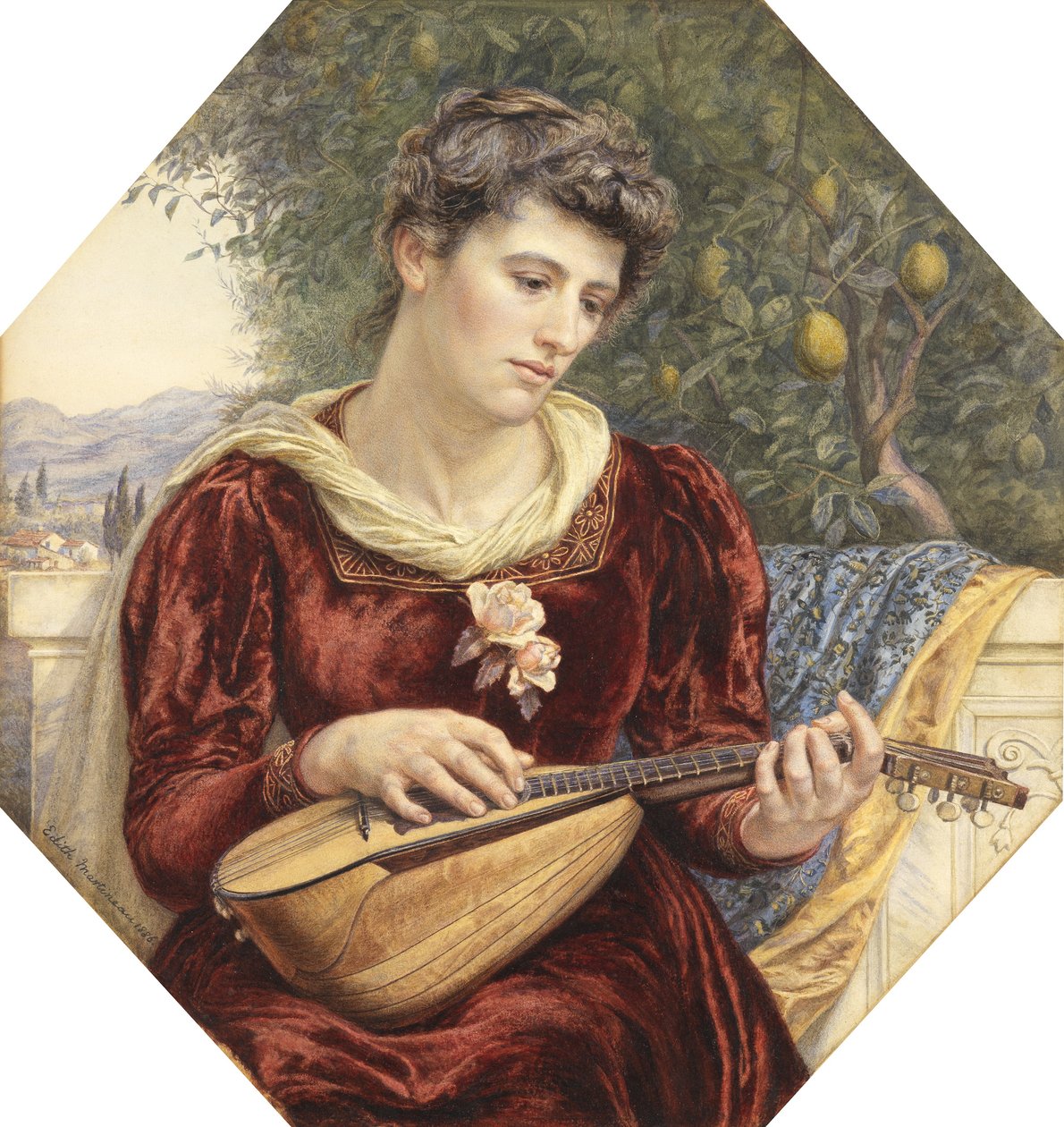 Touching the Strings, 1886 (blyant, wc, bodycolour & arabisk gummi arabicum med udkradsning) af Edith Martineau
