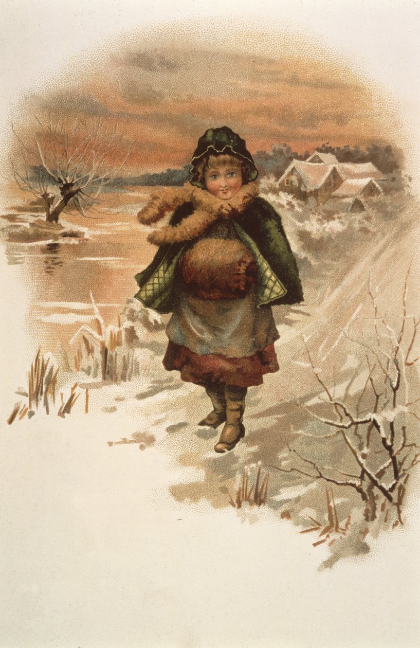 Pige på en snedækket vej, illustration fra Where Lilies Live, 1889 af Edith S. Berkeley