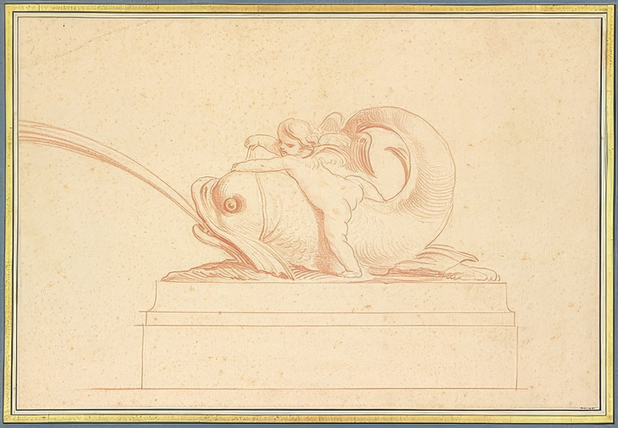 Vandsprutende delfin til venstre med en amor. 1737 af Edmé Bouchardon