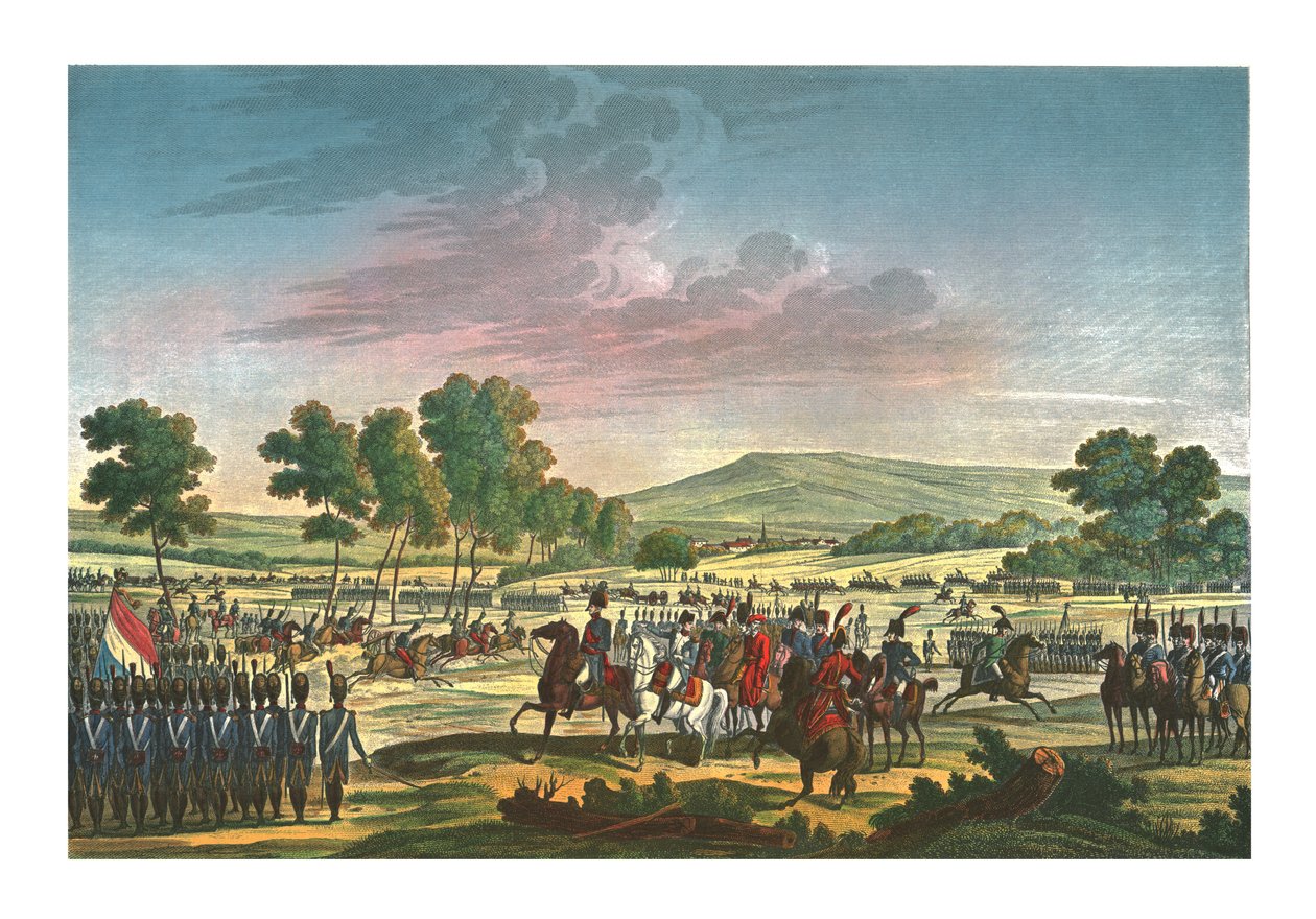 Den kejserlige garde manøvrerer i de to kejseres tilstedeværelse ved Tilsit, 28. juni 1807, c1850 af Edme Bovinet