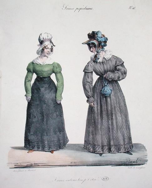 Karikatur af en jaloux elskerinde med sin tjener, plade nr. 40 fra "Scenes Populaires"-serien, graveret af Langlume, ca. 1820 (farvelitografi) af Edme Jean (after) Pigal