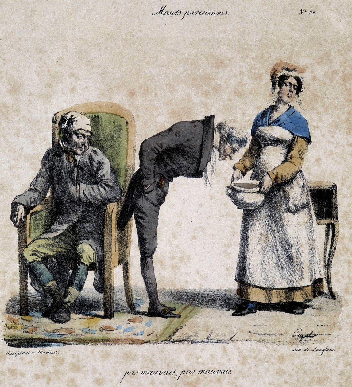 Syg, læge kigger i gryden og tjener. Tegneserie af parisisk moral af Pigal (1800-tallet), bevaret på Musee Dobree i Nantes. af Edme Jean (after) Pigal