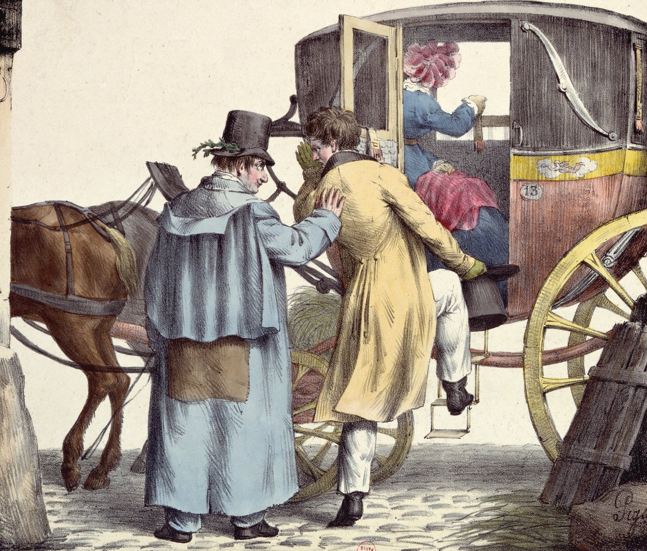 Hvor skal vi hen?...Altid ligeud, karikatur fra Moeurs Parisiennes-serien, indgraveret af Langlume, ca. 1825 af Edme Jean after Pigal