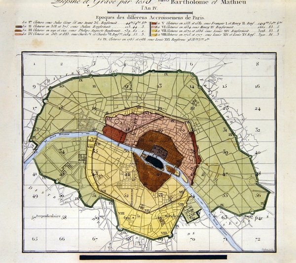 Detalje af Atlas du Plan General de la Ville de Paris, der viser de forskellige tilføjelser gennem historien til byen af Edme Verniquet