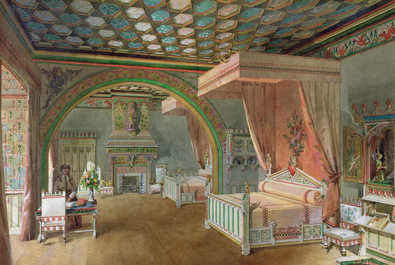 Det lyserøde værelse i Chateau de Roquetaillade, 1868 (wc på papir) af Edmond Duthoit