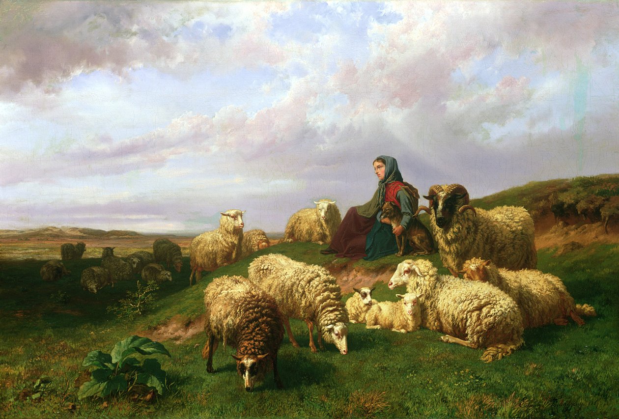 Hyrdinde hviler sig med sin hjord, 1867 af Edmond Jean Baptiste Tschaggeny