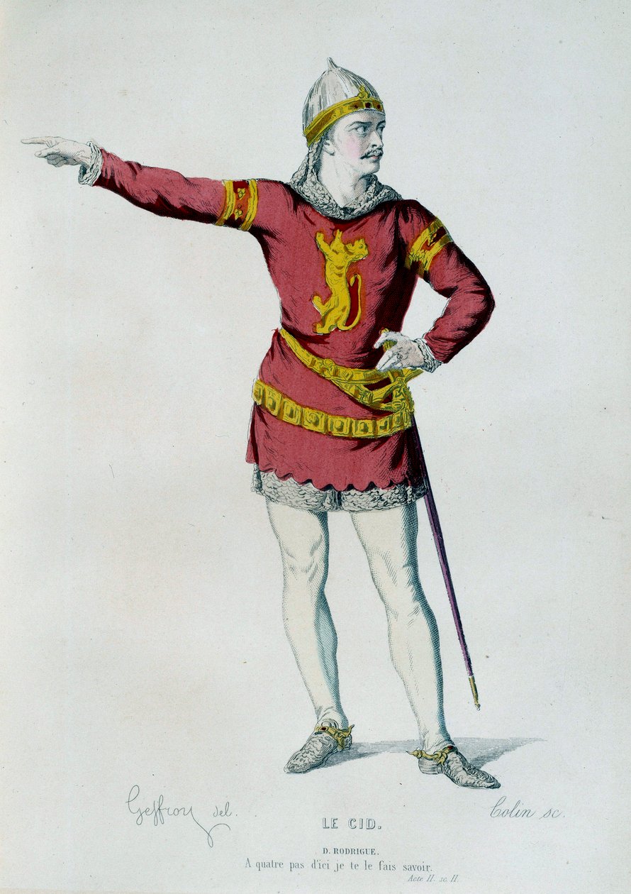 Kostume til Don Rodrigue eller Le Cid i scene 2 i anden akt af "" Le Cid"" af Pierre Corneille (1606-1684). Illustration af Edmond Geffroy (1804-1895) Paris fra det 19. århundrede, Comedie francaise af Edmond Aime Florentin Geffroy