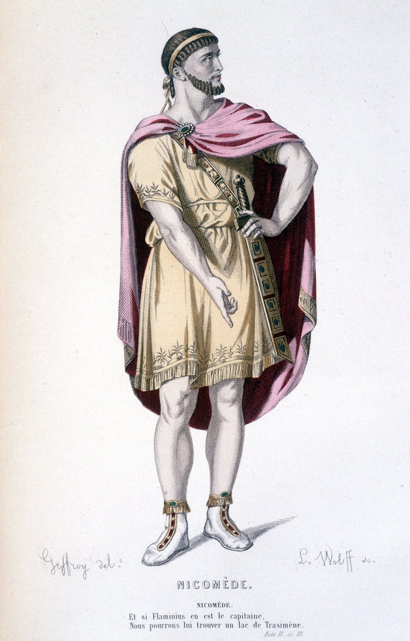 Nicomedes karakter i tragedien Nicomede - Full Theatre: (Samling af skuespil af Corneille) tegning af Geffroy, gravering af L. Wolff - udg. Laplace, Sanchez et Cie, Paris 1884 af Edmond Aime Florentin Geffroy