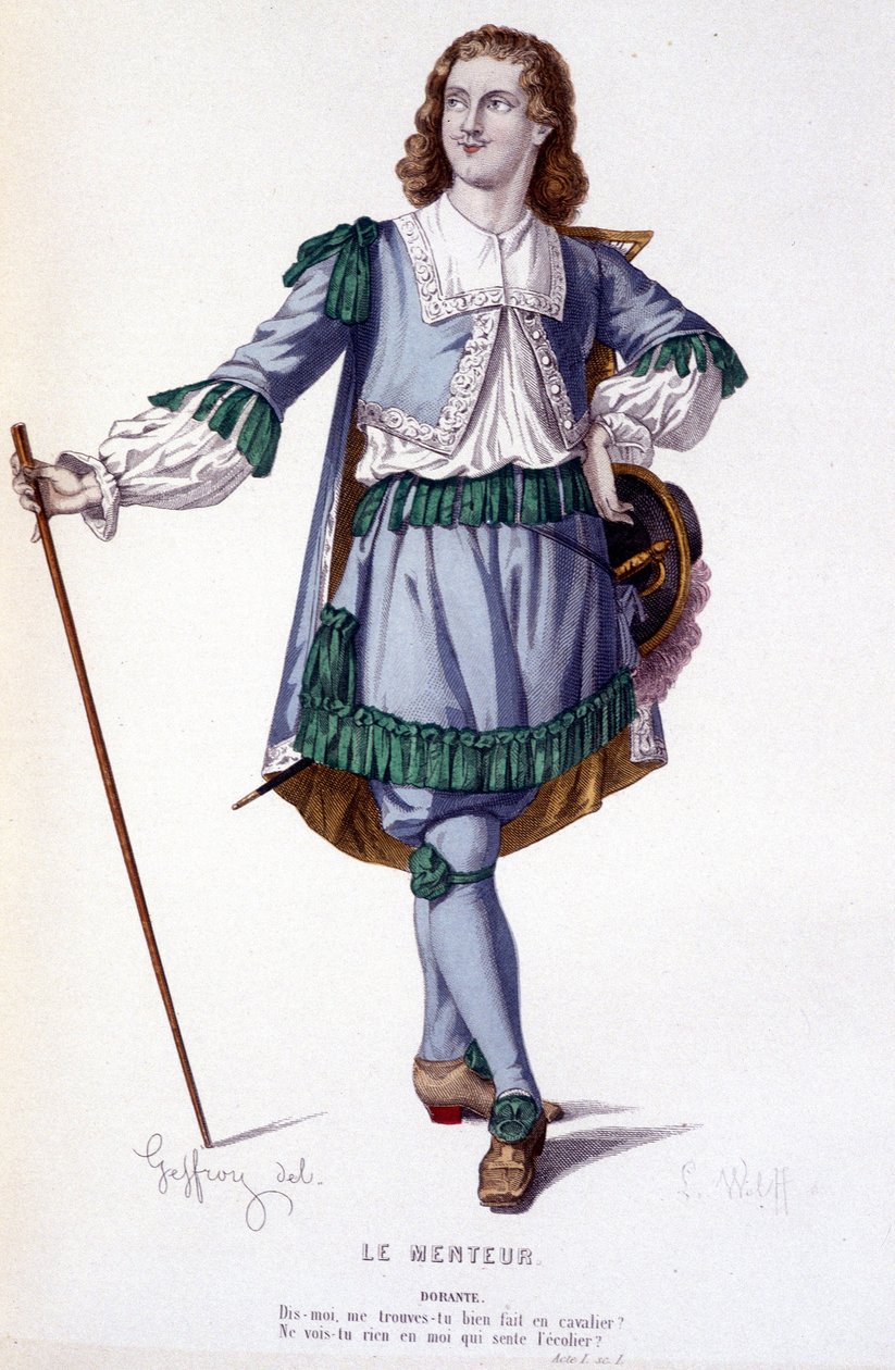 Karakteren Dorante i komedien Le Menteur - Full Theatre: (Samling af skuespil af Corneille) tegning af Geffroy, gravering af L. Wolff - udg. Laplace, Sanchez et Cie, Paris 1884 af Edmond Aime Florentin Geffroy