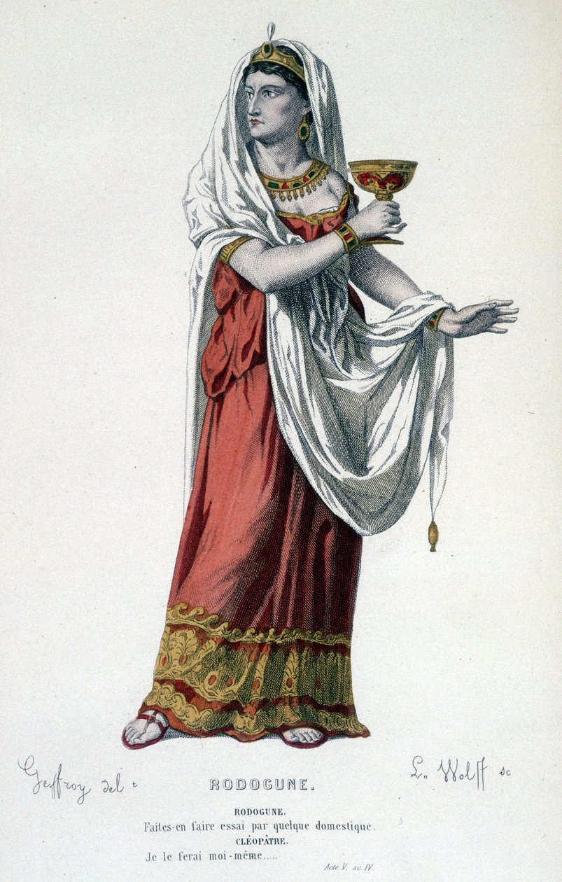 Cleopatres karakter i tragedien Rodogune princess des Parthes - Fuldt teater: (Samling af skuespil af Corneille) tegning af Geffroy, gravering af L. Wolff - udg. Laplace, Sanchez et Cie, Paris 1884 af Edmond Aime Florentin Geffroy