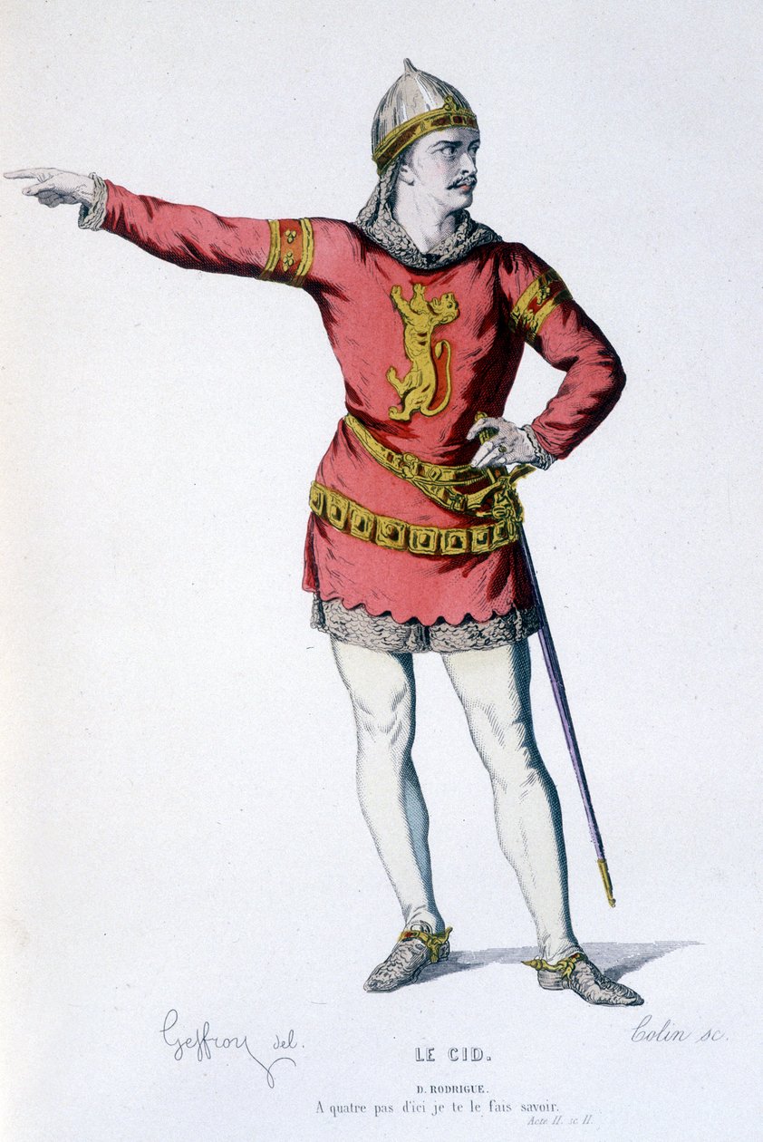 Karakteren af Don Rodrigue i tragikomedien Le Cid - Full Theatre: (Samling af skuespil af Corneille) tegning af Geffroy, gravering af Colin - udg. Laplace, Sanchez et Cie, Paris 1884 af Edmond Aime Florentin Geffroy