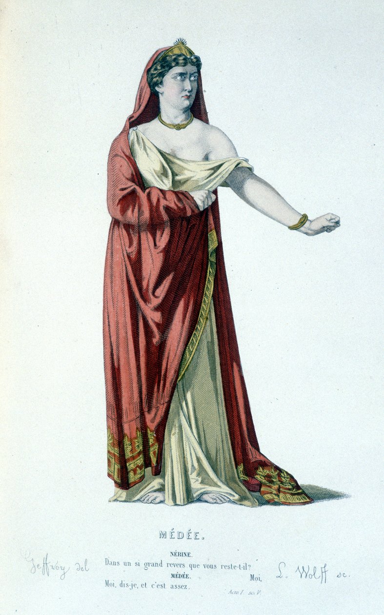 Medees karakter i tragedien Medee - Full Theatre: (Samling af skuespil af Corneille) tegning af Geffroy, gravering af L. Wolff - udg. Laplace, Sanchez et Cie, Paris 1884 af Edmond Aime Florentin Geffroy