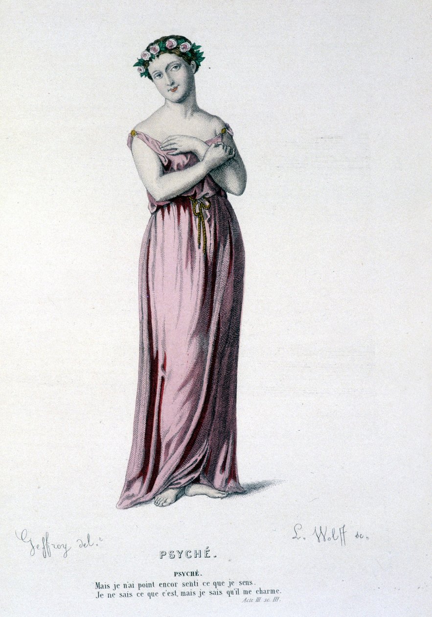 Psyches karakter i tragikomedien og balletten Psyche, Moliere et Corneille - Fuldt teater: (Samling af skuespil af Corneille) tegning af Geffroy, gravering af L. Wolff - udg. Laplace, Sanchez et Cie, Paris 1884 af Edmond Aime Florentin Geffroy