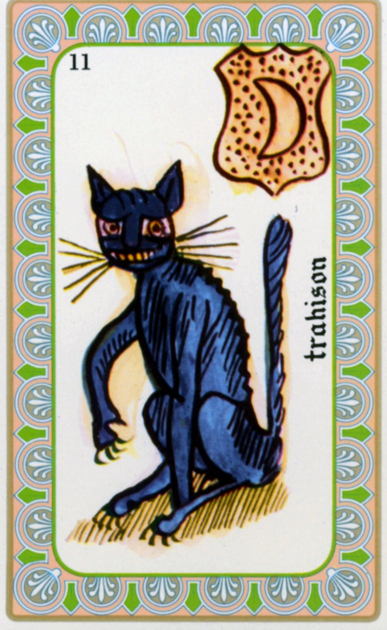 tarot af magus Belline tegnet af Edmond Billaudot ca. 1845 og givet til clairvoyant Belline til genudstedelse: forræderiets kort: katten af Edmond Billaudot