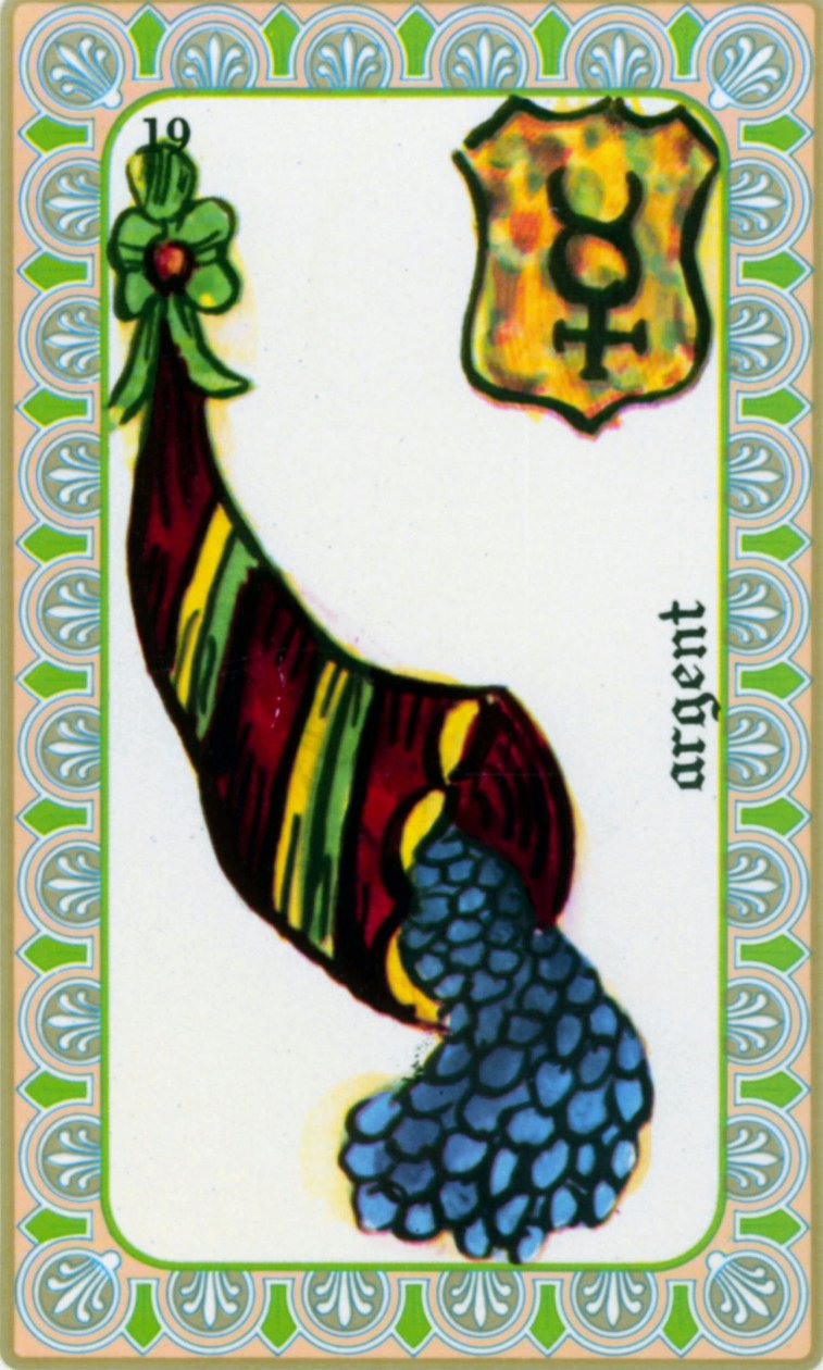 Magus tarot Belline piirtänyt Edmond Billaudot c. 1845 ja annettiin selvänäkijä Bellinelle uudelleen liikkeeseen laskettavaksi: rahakortti: kolikot runsauden sarvessa af Edmond Billaudot