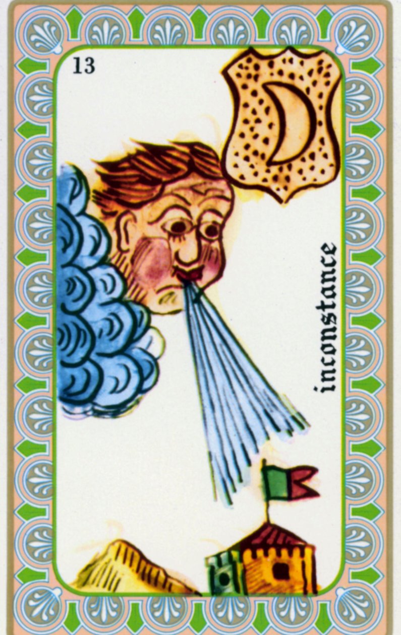 tarot af magus Belline tegnet af Edmond Billaudot ca. 1845 og givet til clairvoyant Belline til genudgivelse: kort om vægelsindetheden: vinden blæser af Edmond Billaudot