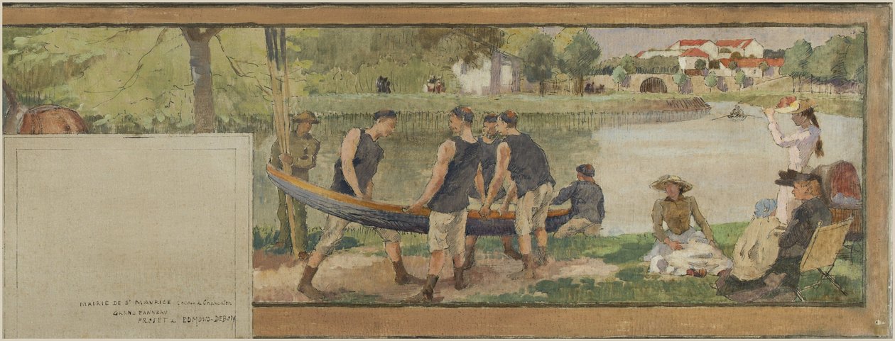 Skitse til rådhuset i Saint-Maurice: Landskab. Les bords de la Marne (til forsamlingshuset), mellem 1890 og 1892 (olie på blæk på lærred) af Edmond Debon