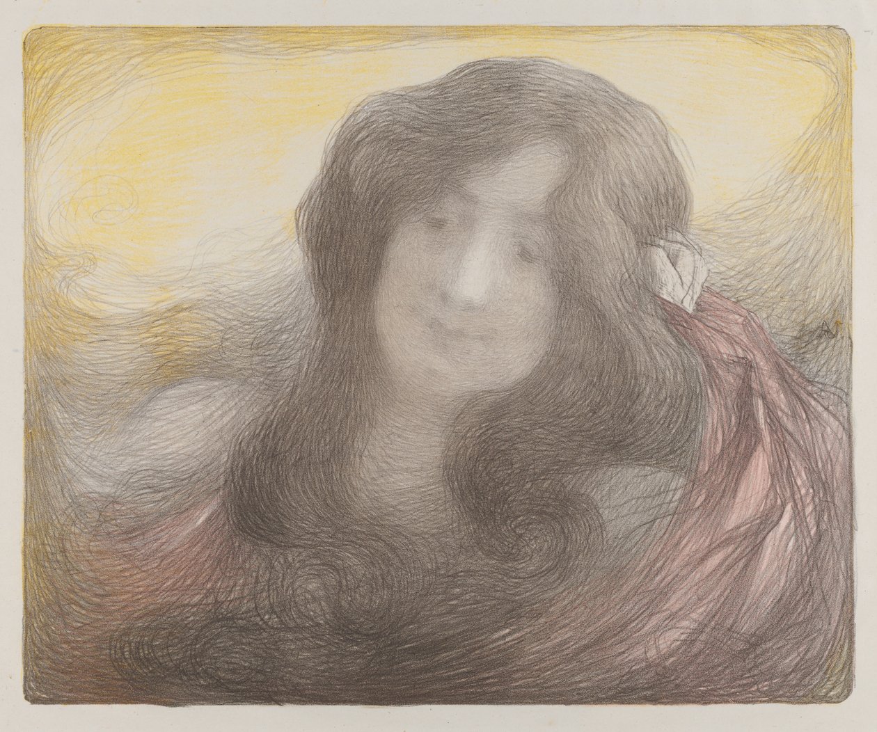 Pige med langt hår , ca. 1898 (farvelitografi) af Edmond Francois Aman Jean