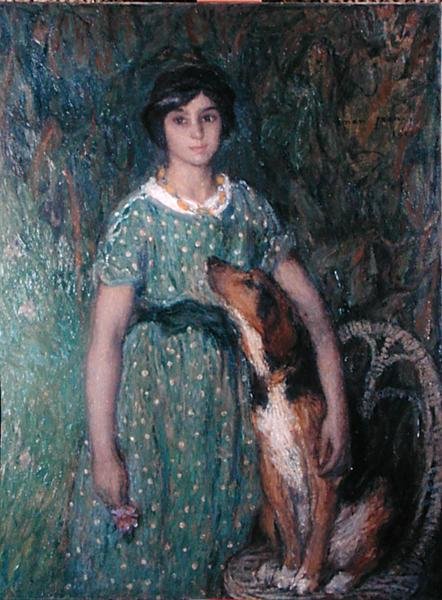 Ung pige med en hund af Edmond François Aman Jean