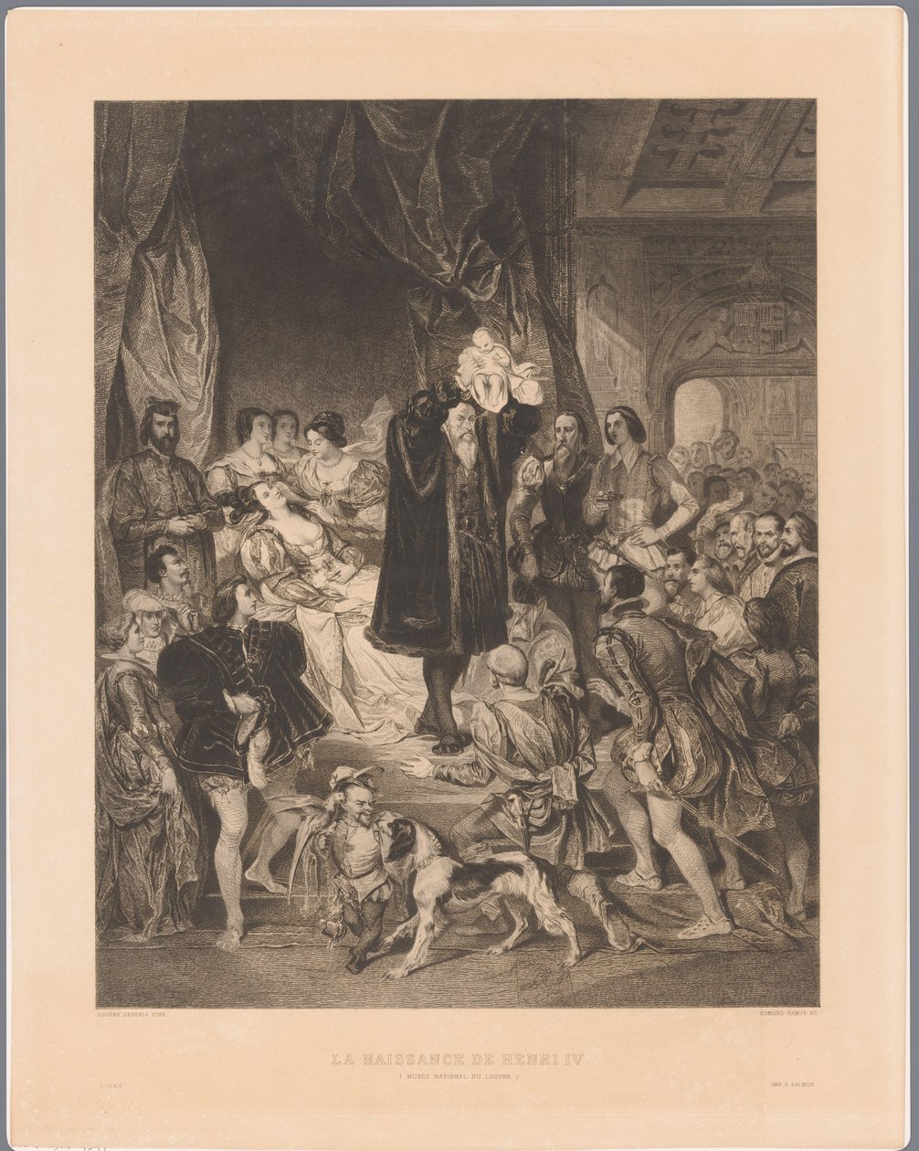 Kong Antoine de Bourbon viser sin nyfødte søn Henrik IV La Naissance de Henri IV (titel på objekt) af Edmond Joseph Ramus