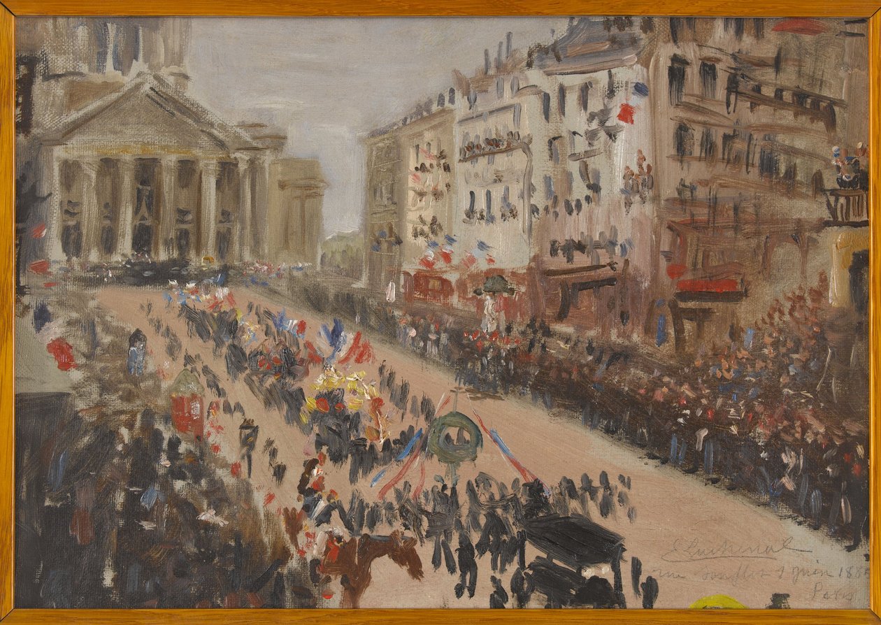 Victor Hugos begravelse, processionen på rue Soufflot, i 6-1885 (olie på lærred) af Edmond Lachenal