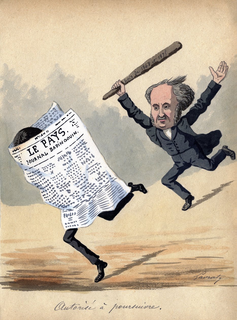 "Myndighed til at retsforfølge", karikatur på presseloven af 1875 i Frankrig (farvelitografi) af Edmond Lavrate