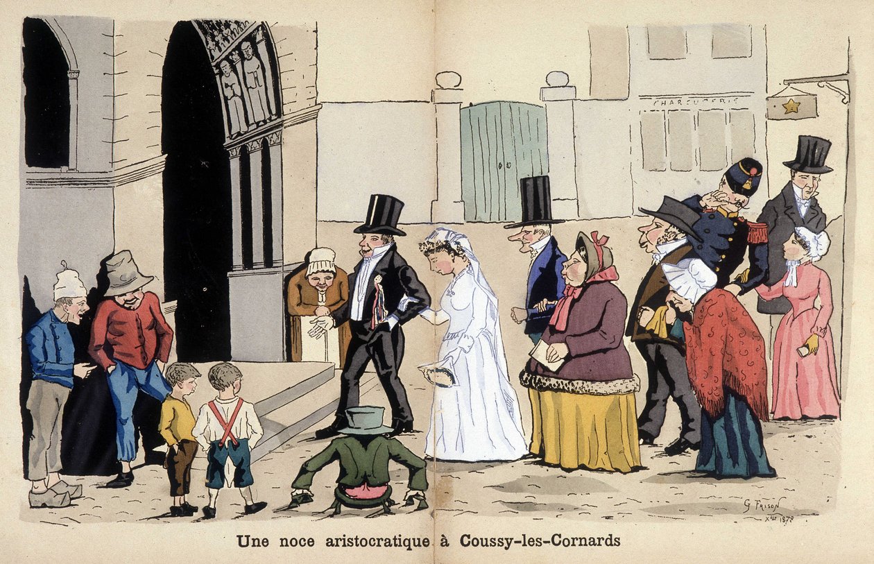 Tegnefilm om det franske samfund af Lavrate: et aristokratisk bryllup i Coussy les Cornards. 1880 af Edmond Lavrate