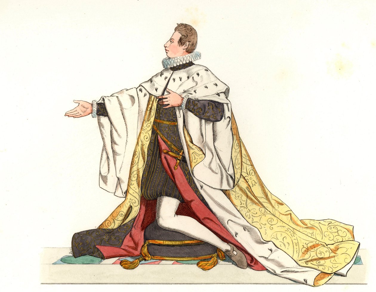 Cosme II de Medicis (1590-1621), storhertug af Toscana (Italien) - Litografi baseret på en illustration af Edmond Lechevallier-Chevignard (1825-1902), fra "Historiske kostumer fra det 16. af Edmond Lechevallier Chevignard