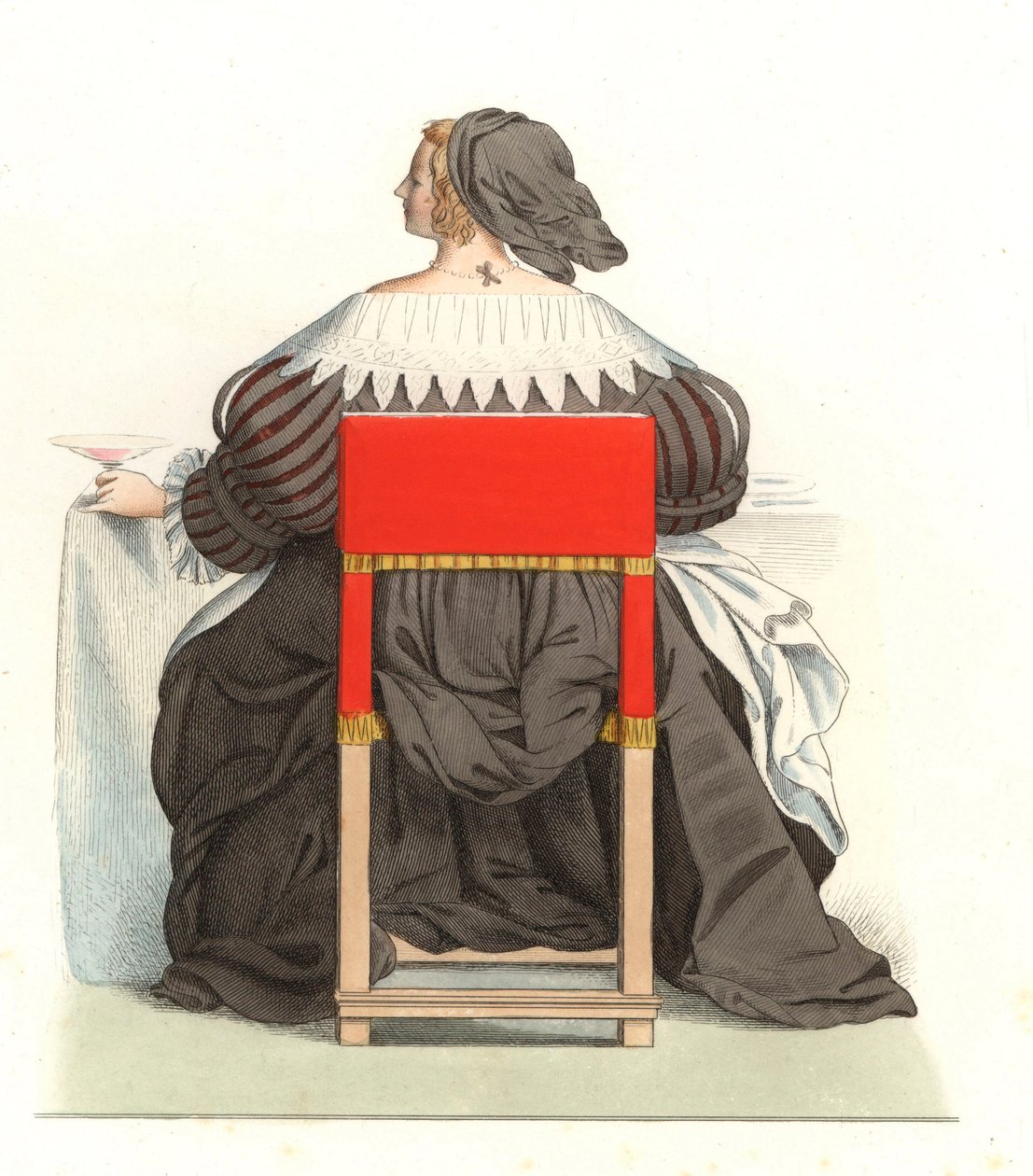 Fransk kvinde 1600-tallet, efter et gravering af Abraham Bosse (1602-1676) - Litografi fra en illustration af Edmond Lechevallier-Chevignard (1825-1902), fra "Costumes historiques des 16th" af Edmond Lechevallier Chevignard