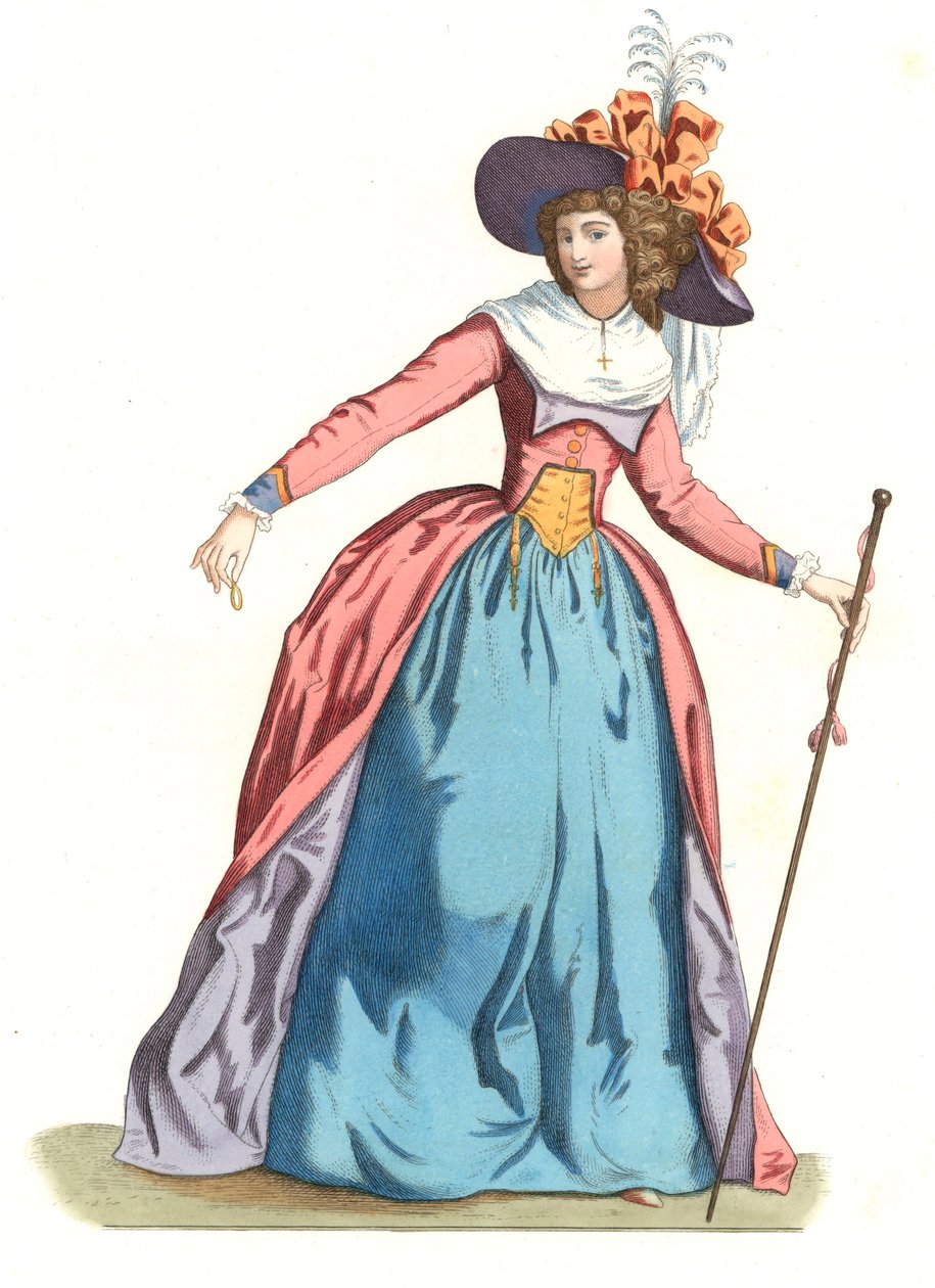 Fransk kvinde i mode i det 18. århundrede - Litografi baseret på en illustration af Edmond Lechevallier-Chevignard (1825-1902), fra "Costumes historiques des 16th" af Edmond Lechevallier Chevignard