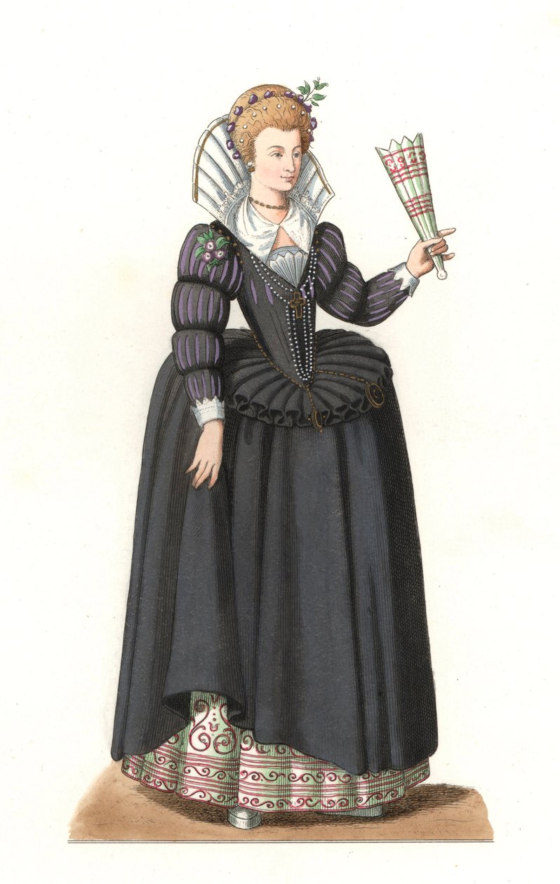 Fransk kvinde under kong Henrik III (1551-1589) - Litografi baseret på en illustration af Edmond Lechevallier-Chevignard (1825-1902), fra "Costumes historiques des 16th" af Edmond Lechevallier Chevignard