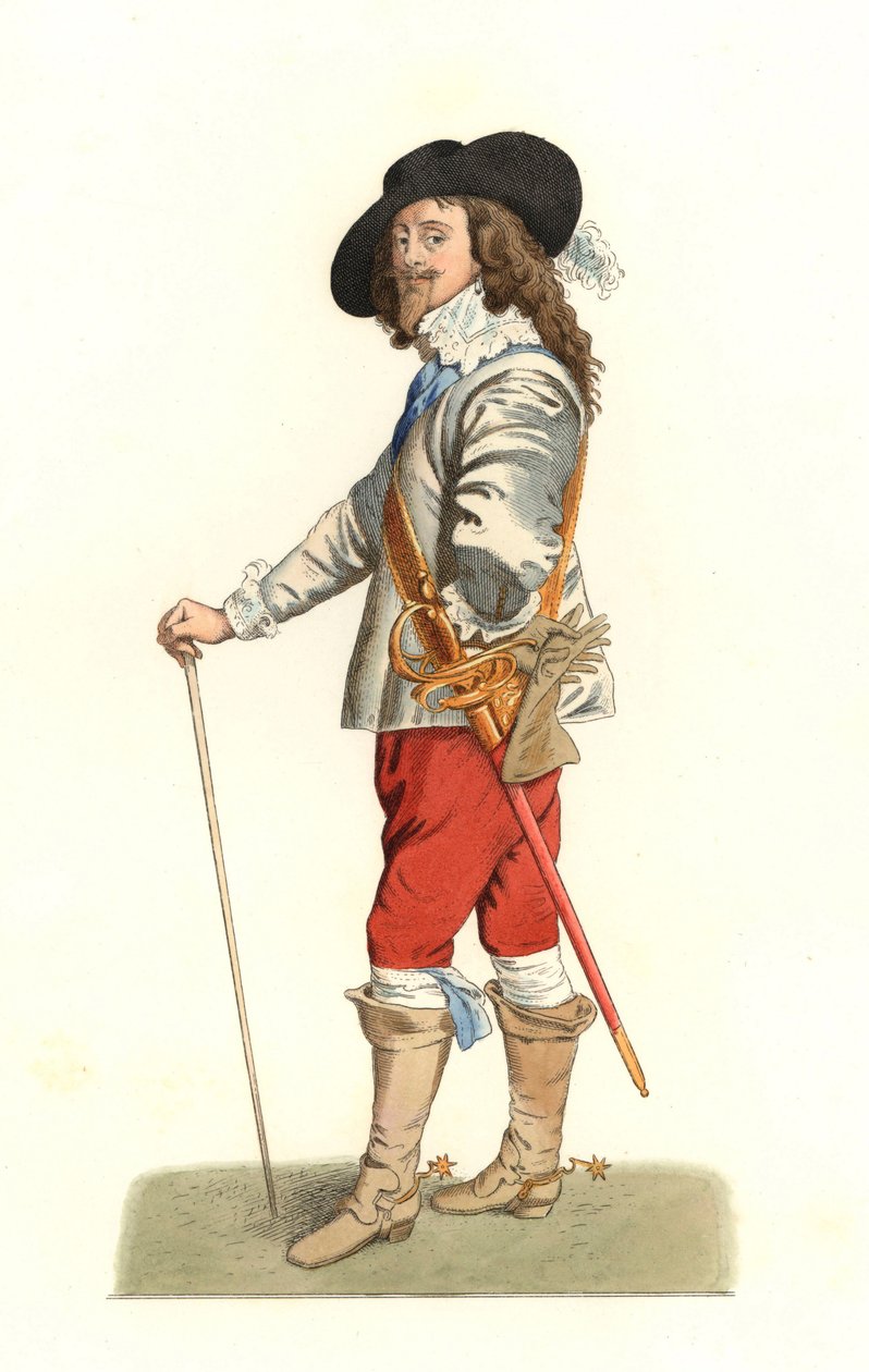Kong Charles I af England (1600-1649), baseret på et portræt af 1635 af Antonie Van Dyck (1599-1641) - Litografi af en illustration af Edmond Lechevallier-Chevignard (1825-1902), fra "Costumes historiques des 16e" af Edmond Lechevallier Chevignard