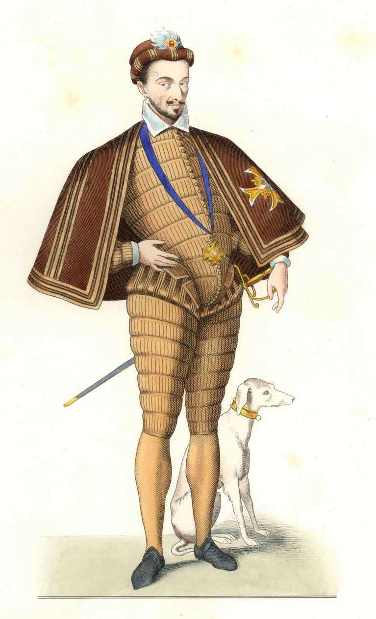 Kong Henrik III af Frankrig (1551-1589), iført halskæde af Helligåndsordenen - Litografi efter en illustration af Edmond Lechevallier-Chevignard (1825-1902), fra "Costumes historiques des 16th" af Edmond Lechevallier Chevignard