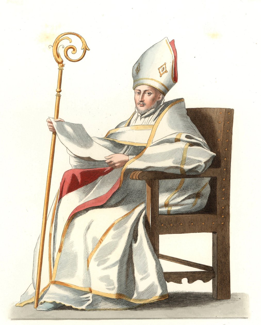 Spansk Eveque 16. århundrede, baseret på et maleri af Bartolome Murillo (1617-1682) - Litografi baseret på en illustration af Edmond Lechevallier-Chevignard (1825-1902), fra "Costumes historiques des 16th" af Edmond Lechevallier Chevignard