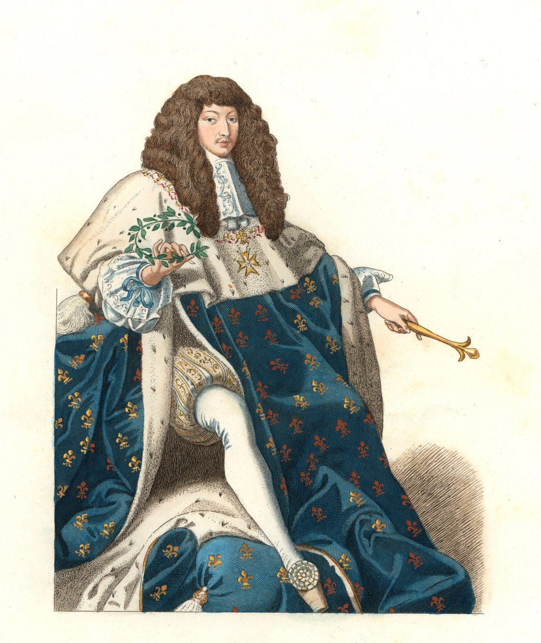 Den unge kong Ludvig XIV af Frankrig (1638-1715), efter en maleri af Musee de Blois (Frankrig) - Litografi efter en illustration af Edmond Lechevallier-Chevignard (1825-1902), fra "Costumes historiques des 16th" af Edmond Lechevallier Chevignard