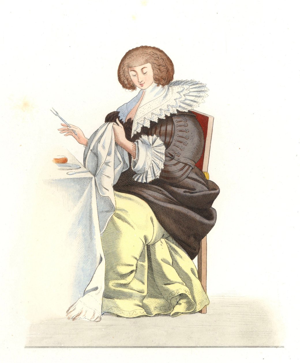Kvinde af den franske adel 1500-tallet, efter en gravering af Abraham Bosse (1602-1676) - Litografi fra en illustration af Edmond Lechevallier-Chevignard (1825-1902), fra "Costumes historiques des 16th" af Edmond Lechevallier Chevignard