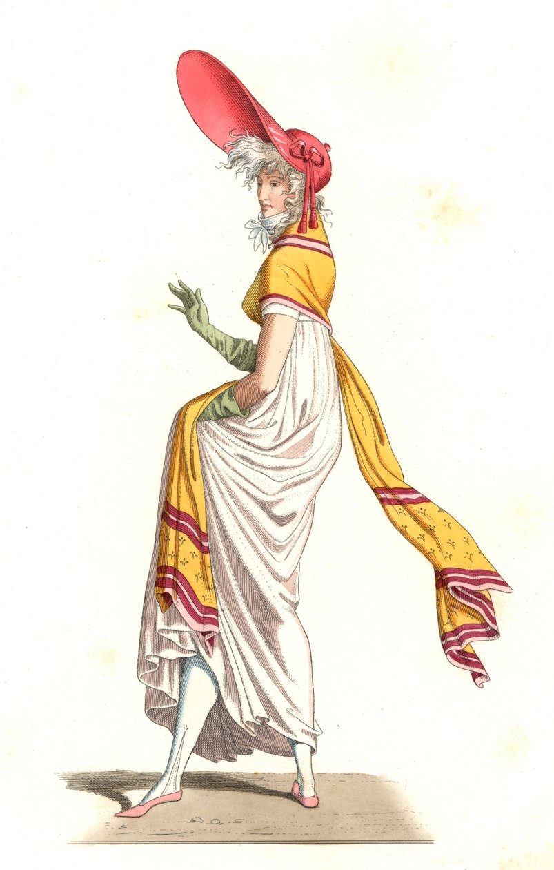 Ung fransk kvinde klædt som det vidundere i det 18. århundrede efter et maleri af Carle Vernet (1758-1836) - Litografi efter en illustration af Edmond Lechevallier-Chevignard (1825-1902), fra "Costumes historiques des 16th" af Edmond Lechevallier Chevignard