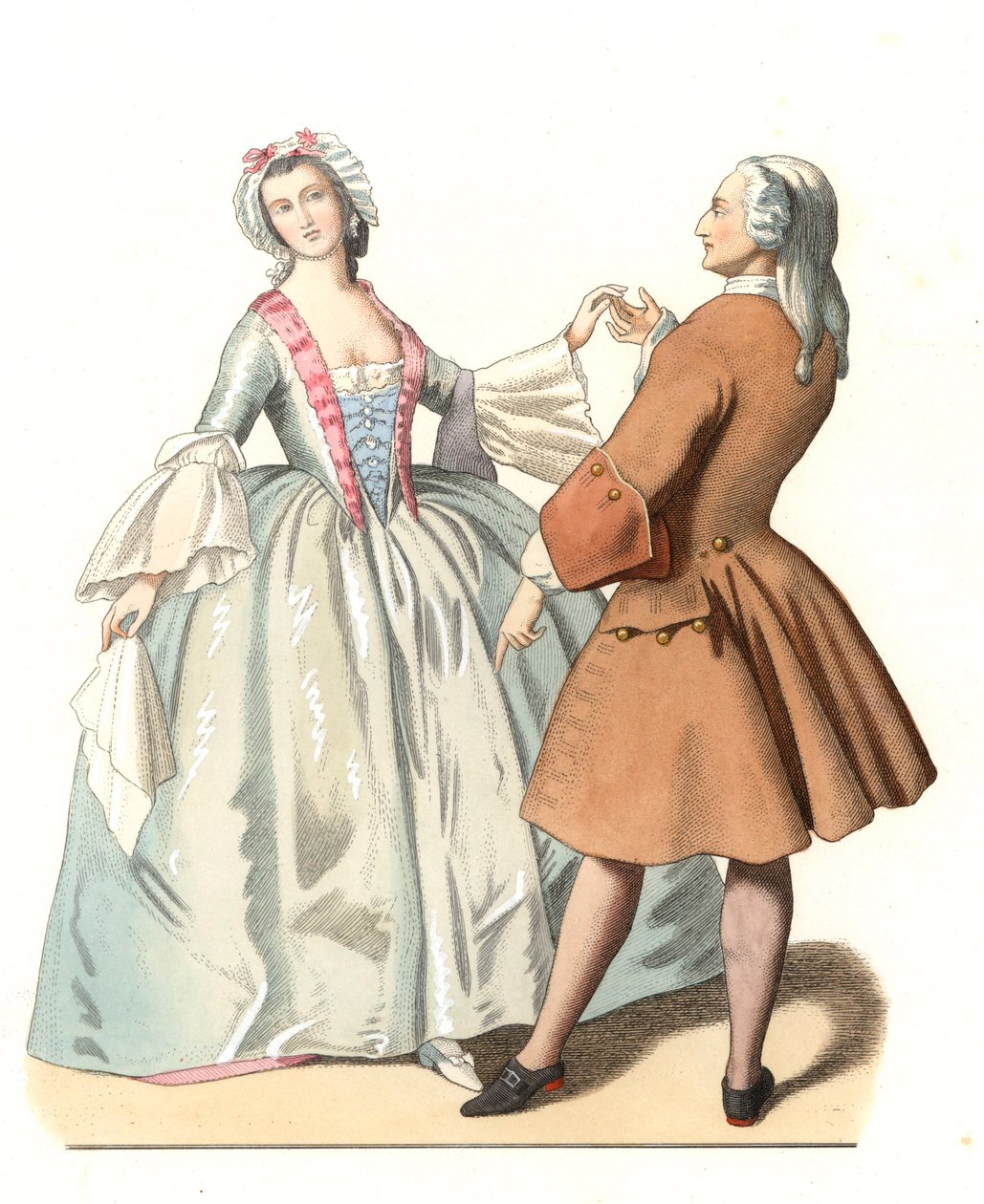 Dansemester og en ung venetianer, dans lecon i Italien 1700-tallet, baseret på et maleri af Pietro Longhi (1701-1785) - Litografi baseret på en illustration af Edmond Lechevallier-Chevignard (1825-1902), uddrag fra "" Historiske kostumer af den 16 af Edmond Lechevallier Chevignard