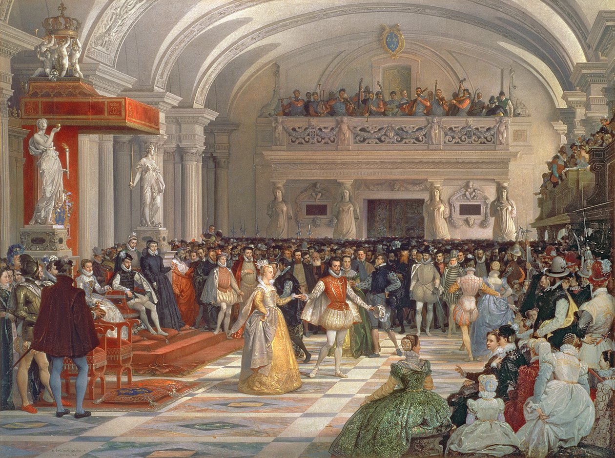 Henri de Bourbons, konge af Navarra, bryllup med Marguerite de Valois i nærværelse af Catherine de Medici og Charles IX i 1572, 1862 af Edmond Lechevallier Chevignard