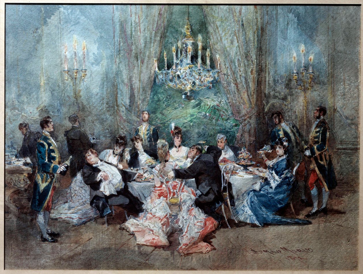 Måltidsscene. Illustration til scene 10 i anden akt af "" The Reveillon"" af Henri (Henry) Meilhac (1830-1897) og Ludovic Halevy (1834-1908) på det kongelige palads af Edmond Morin