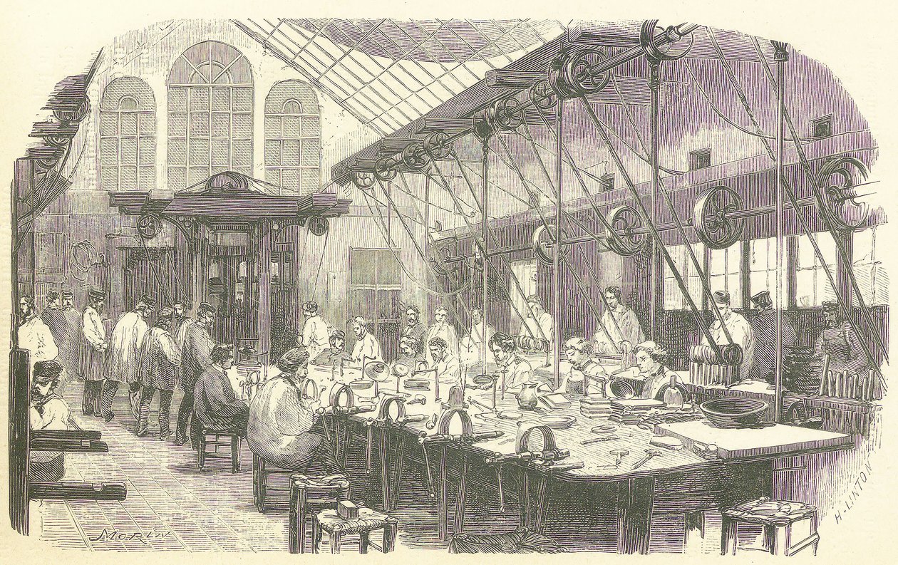 Sølvsmede på arbejde på Christophle Bestikfabrikken i Paris, pub. 1875 (gravering) af Edmond Morin