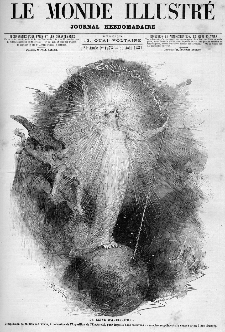 Dronningen af nutiden: allegori om elektricitet som en kvinde, der dominerer verden, lavet på Electricite-udstillingen i 1881. Gravering af Edmond Morin. En af "The Illustrous World" nr. 1273 af 20. august af Edmond Morin