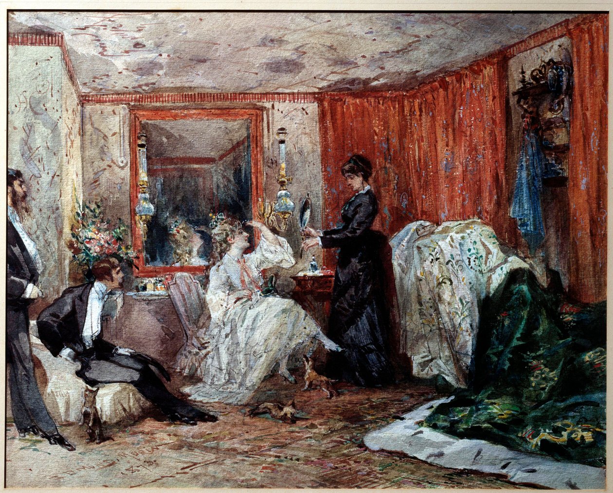 Teaterkomikeren Hortense Schneider (1833-1920), Jacques Offenbachs (1819-1890) elskerinde, repræsenterer til venstre i sit omklædningsrum på Theatre des varietes. Akvarel af Edmond Morin (1824-1882) 1873 Compiegne, Castle Museum af Edmond Morin