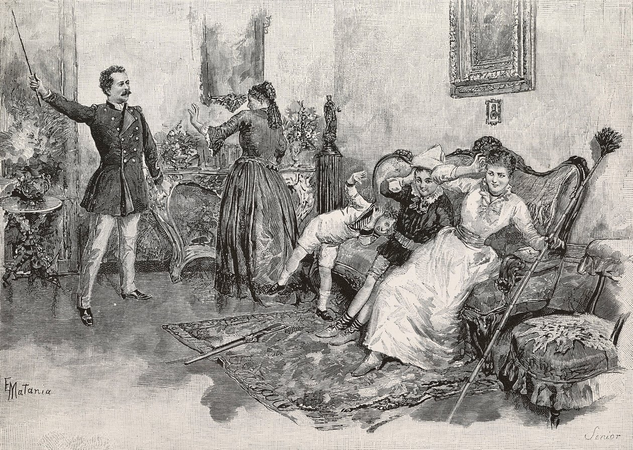 To kvinder og to børn skræmt af intimiderende mand, gravering fra illustration af Edoardo Matania til bogen Military Life in Italy af Edmondo De Amicis (1846-1908), fra L