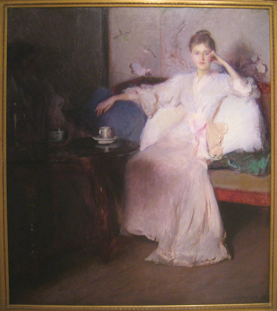 Arrangement i pink og grå eftermiddagste af Edmund Charles Tarbell