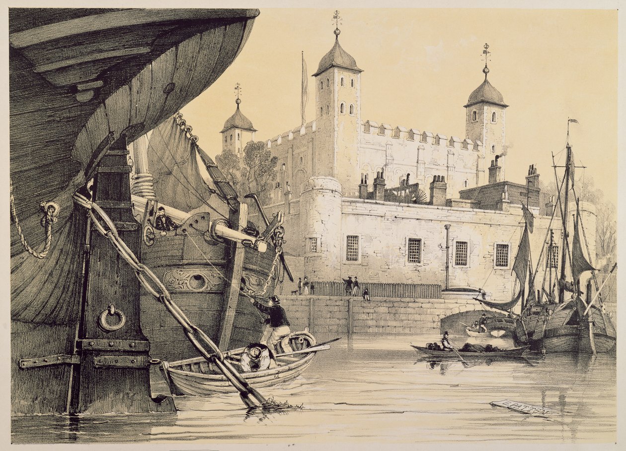 Udsigt over Tower of London fra Themsen, ca. 1840 af Edmund Patten