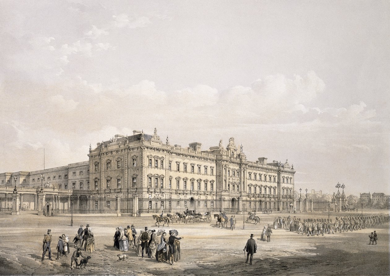 Buckingham Palace, graveret af Thomas Picken (fl.1838-d.1870), udgivet af Thomas Picken (fl.1838-d.1870), pub. 1852 af Lloyd Bros. und Co. (litografi) af Edmund Walker