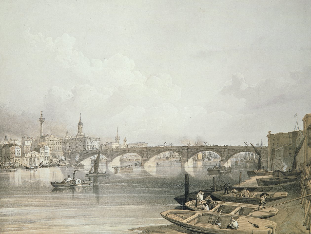 London Bridge, set oppefra broen, graveret af William Simpson (1823-99), udgivet af William Simpson (1823-99), pub. 1852 af Lloyd Bros. und Co. (litografi) af Edmund Walker