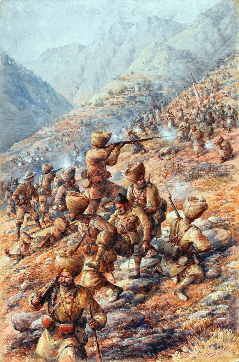 35. (sikh) regiment af bengalsk infanteri, Malakand Field Force, afstøder et angreb fra stammefolk af Edmund Arthur Ponsonby Hobday