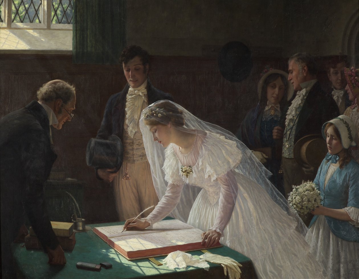 Underskrivelse af registret (olie på lærred) af Edmund Blair Leighton